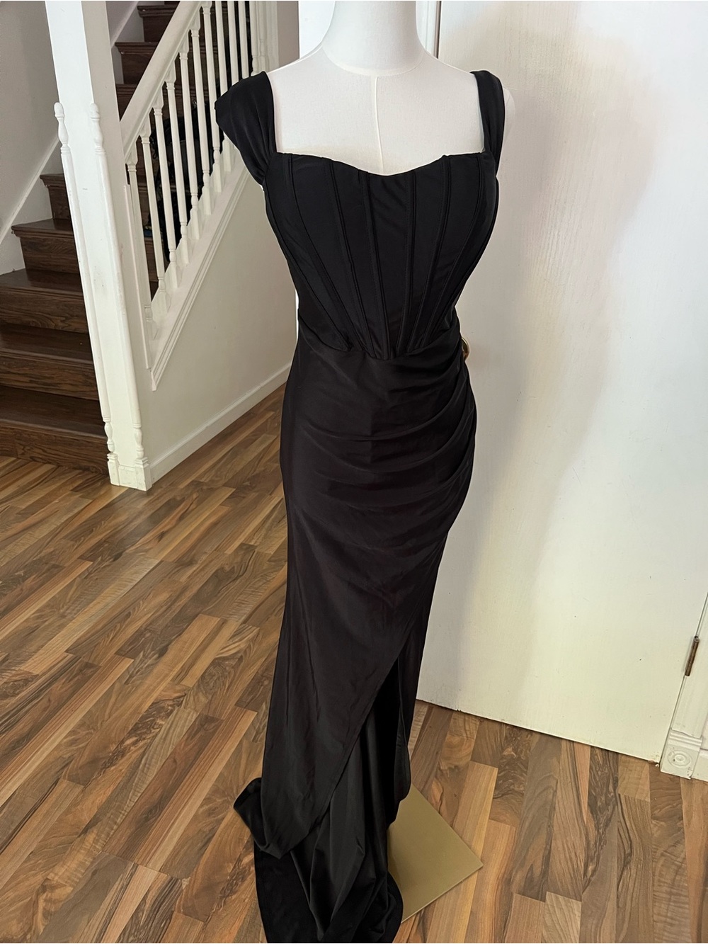 Black Ruched Formal Dress Sweetheart Bodice w/Boning Corset look, Draped Slit, L